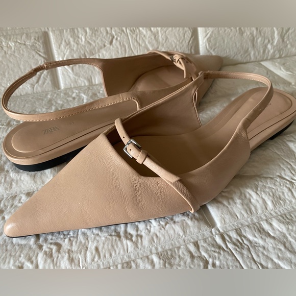 Zara Pointed Flat Leather Slingbacks - Picture 3 of 8